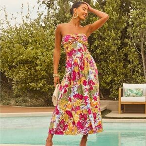 Vici Lynelle Strapless Floral Smocked Midi Dress